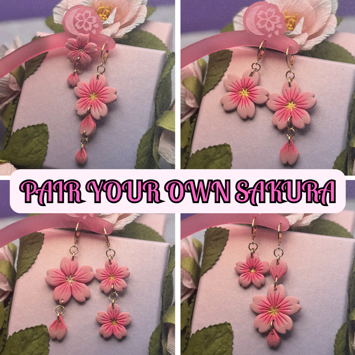 Floral earrings with pink flowers on a floral background, accompanied by text 'Pair Your Own Sakura'.
