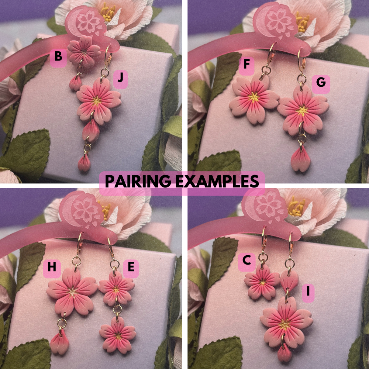 Set of pink floral earrings on a pink stand with floral background