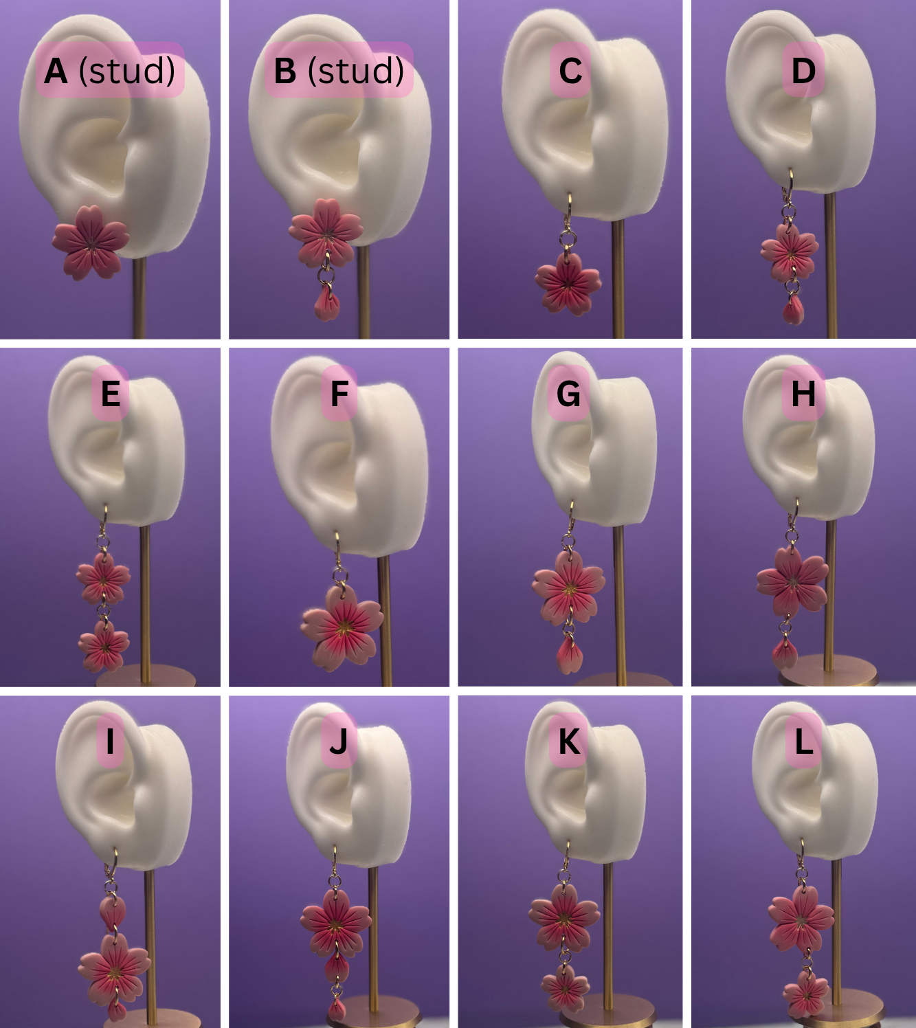 Flower earrings displayed on mannequin ears with labels against a purple background